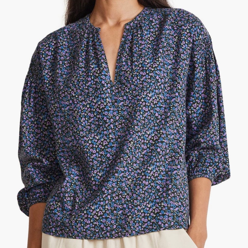 Apiece Apart Marit Floral Shirred Cotton Blouse in Dotty Floral, size Medium